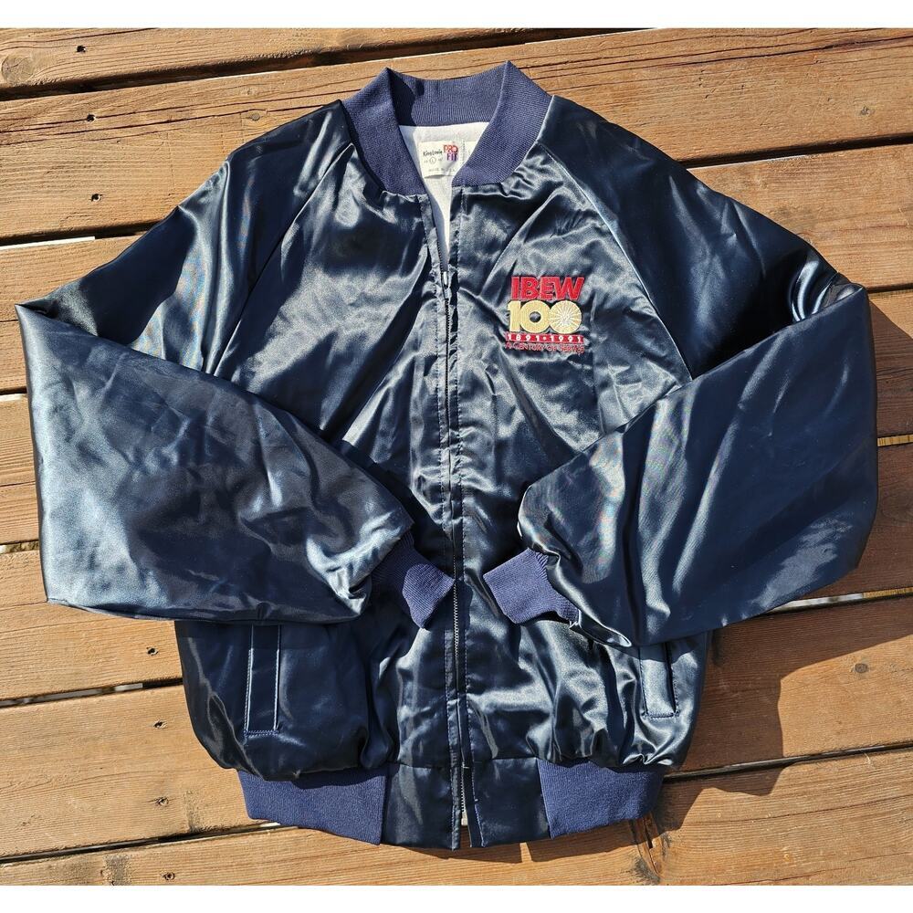 Vintage King Louie Jacket PRO FIT IBEW Satin Zip Navy Blue USA Large 100 Years